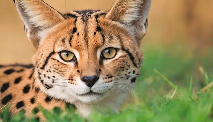 Wall Mural - Beautiful big cat - Serval, close-up portrait on a blurred background, North Africa