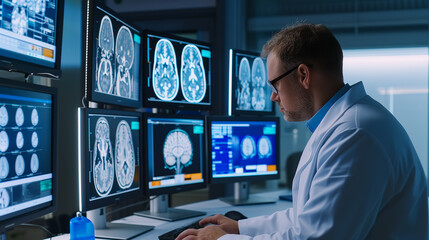 Poster - Male healthcare specialist engrossed in studying advanced brain scans on digital display in hospital