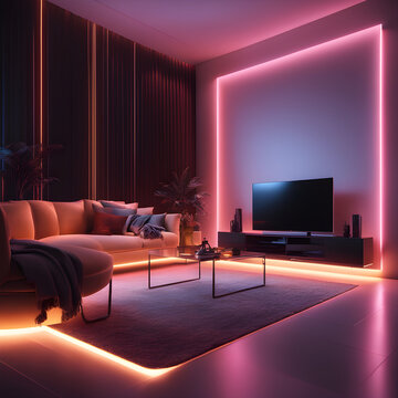 Interior design of the living room illuminated with neon, mysterious, colorful