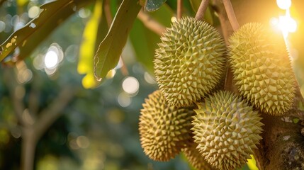 Wall Mural - durians on the durian tree in organic durian orchard.