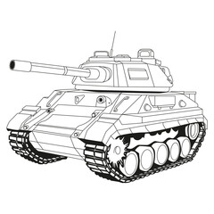 Wall Mural - Main battle tank Doodle. Coloring Page. Armored fighting vehicle. Special military transport. Detailed vector illustration isolated on white background.