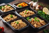 Fototapeta Paryż - Healthy meal prep containers with quinoa and chicken