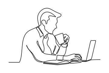 Wall Mural - confident businessman using laptop while drinking coffee. continuous line drawing. vector illustration