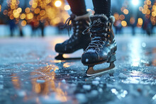 Close-up Of A Girl's Legs In W Fashion Skates On An Outdoor Ice Rink, A Young Girl Skating Thinking On The Open Rink