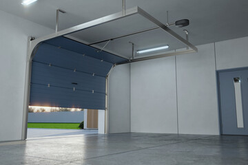 garage interior. automatic garage door. 3d illustration.