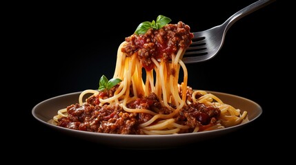 Wall Mural - Spaghetti with sauce bolognese hanging on a fork isolated on transparent or white background