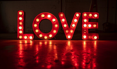 Wall Mural - Love valentine's day message in illuminated vintage style broadway display lettering