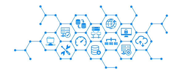 Server vector illustration. Concept with icons on data center infrastructure, server maintenance database hosting storage, digital network, cloud computing, data security, datacenter equipment.