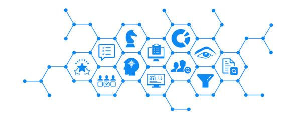 Assessment vector illustration. Blue concept with icons related to hr evaluation process, performance review feedback, client or employee questionnaire, quality management, knowledge testing.