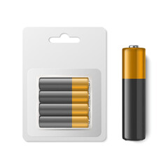 Vector 3d Realistic Four Alkaline Battery in the Paper Blister Closeup Isolated. AA Size. Design Template for Branding, Mockup