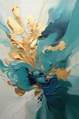 Aufkleber - This abstract painting features swirling patterns of gold and blue colors, creating a harmonious and dynamic composition that captures the essence of elegance and creativity