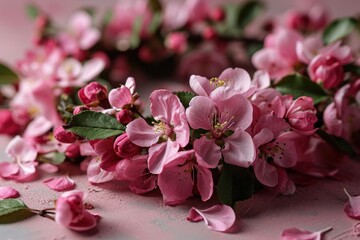 Poster - A delicate arrangement of pale pink cherry blossoms laid out on a soft pink background, creating a gentle and harmonious floral composition perfect for spring themes.