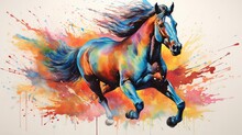 An Art Print In Watercolor Featuring A Galloping Horse, Captured In Motion With Drippy Paint Splatters, Employing A Rainbowcore Style  - Generative AI