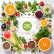 © Antonio Giordano - Spring healthy vegan food cooking ingredients. Flat-lay of vegetables, fruit, seeds, sprouts, flowers, greens over white wooden background, top view. Clean eating, diet food concept