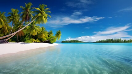 Wall Mural - Beach with palm trees and crystal clear water. Idyllic tropical island in summer.
