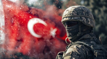 turkish soldier, turkish flag and war concept