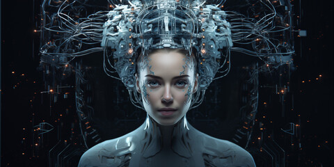 Portrait about a human like android woman with young woman face but cables and electronic body  technology in the future 