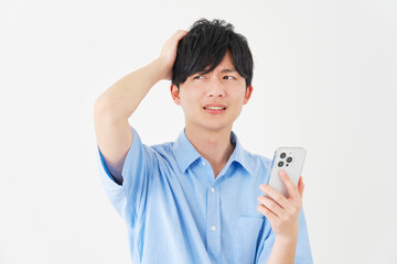 Sticker - 頭を抱えながらスマートフォンを持つ男性　白背景