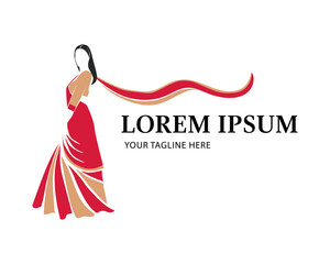 beauty and fashion logo design template, with beautiful indian woman wearing saree dress illustration