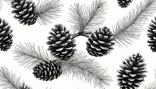 Spruce Branches, Pine, Cones Sketch Set. Brushes, Wreath, Line Borders. Christmas Tree Decor Elements For Invitations, Card, Banner. New Year Holiday Vector. Nature Winter Template