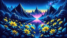 Illustration Of A Fantasy Landscape With Mountains And Sunflowers