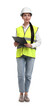 © New Africa - Engineer in hard hat holding clipboard on white background