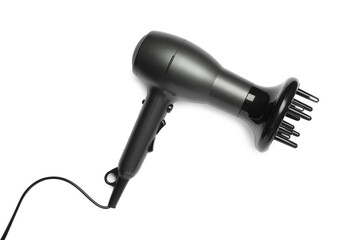 Poster - Modern hair dryer on white background, top view