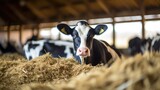 Fototapeta Londyn - In a bustling barn, a cow enjoys a fresh bed of straw, made from the carefully composted manure of her fellow herd mates, as part of the farms sustainable manure management system.