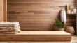 © adynue - wooden podium for product presentation with blurry laundry room background. backdrop with copy space