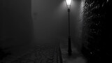 Fototapeta Londyn - A lone streetlamp in a misty alley