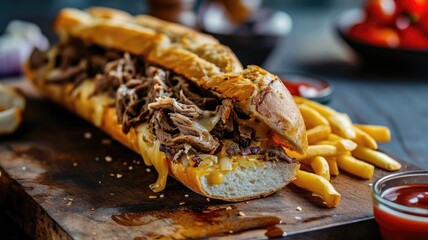 Wall Mural - Cheesy beef sandwich with fries on a wooden board