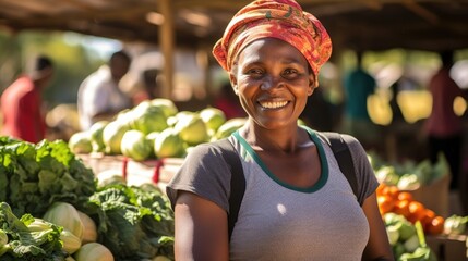 Wall Mural - A woman farmer proudly showcasing her mobile processing unit, which has revolutionized the way she sells her produce at the local market.