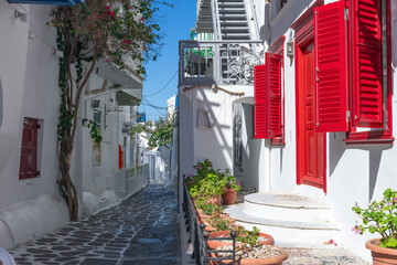 Wall Mural - Empty colorful street of Mykonos village. Mykonos Island in Greece