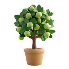 3d cartoon illustration of an apple tree in a pot, a tree full of ripe fruit, with transparent PNG files