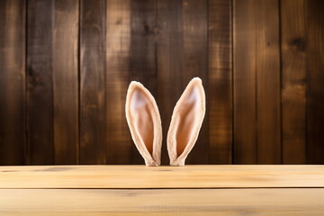 Toy rabbit ears at empty wooden table top. Copy space