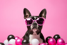 Dog With Sunglasses And Balls.Minimal Creative Nature And Fashion Concept.Copy Space,top View.Generative Ai