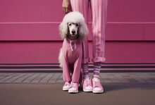 Girl With A Fashionable Dog In Sneakers.Minimal Creative Fashion Concept.Copy Space,top View.Generative AI