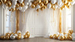 Luxurious backdrop room with balloons, arrangements and decor. Photo-wall decoration for celebrate, wedding, birthday, holiday party. Beautiful decorative celebration concept. Generative AI