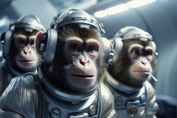 Wall Mural - A group of monkeys in astronaut costumes in a spaceship, space exploration.