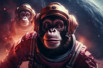 Wall Mural - A group of monkeys dressed as astronauts explore space.