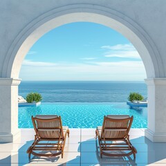 Two deck chairs on terrace with pool with stunning sea view. Mediterranean white architecture. Summer vacation