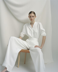 Fashionable blonde woman in elegant white clothes posing in studio. Beauty, fashion. magazine photo shoots.