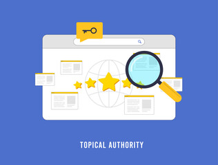 Wall Mural - SEO topical authority. Boost web site credibility by specializing in specific topics through high-quality content and authoritative backlinks, improving search engine rankings. Vector illustration