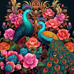  Exotic oriental pattern with peacocks and flowers in bright colors background, Generative AI