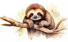 Cute Sloth Hanging On A Tree Branch With A Funny Face, In Watercolor Style, On A White Background. Generative Ai