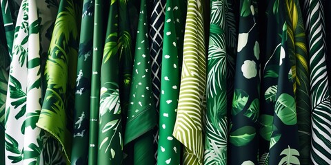 A collection of silk foulard/scarves in tropical green palette. Variety of green patterns. Fabrics, foulards and coloured accessories, Fashion concept. AI generated image. 