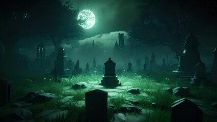 Wall Mural - An empty cemetery with pale white gravestones illuminated by mysterious green light with a sinister figure crouching in the corner.