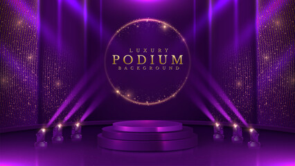 Wall Mural - empty violet podium with spotlight effects and gold bokeh decorations. luxury scene design concept. 