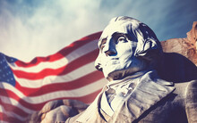 Statue Of George Washington And American Flag. Presidents Day. Independence Day. American Holidays