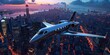 Small private jet flying above a bustling metropolitan cityscape at dusk created with Generative AI Technology